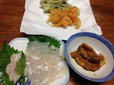 カレイの刺し身とインゲン豆天ぷら.jpg