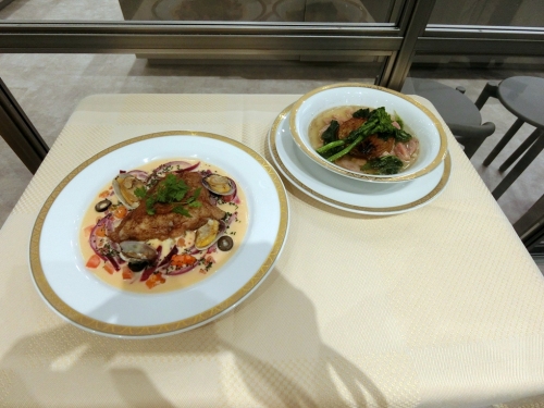 東京會館　赤鰈のムニエルと浅利のワイン蒸し　マリニエール・焼き新玉葱とベーコン・ソーセージのスープ.JPG
