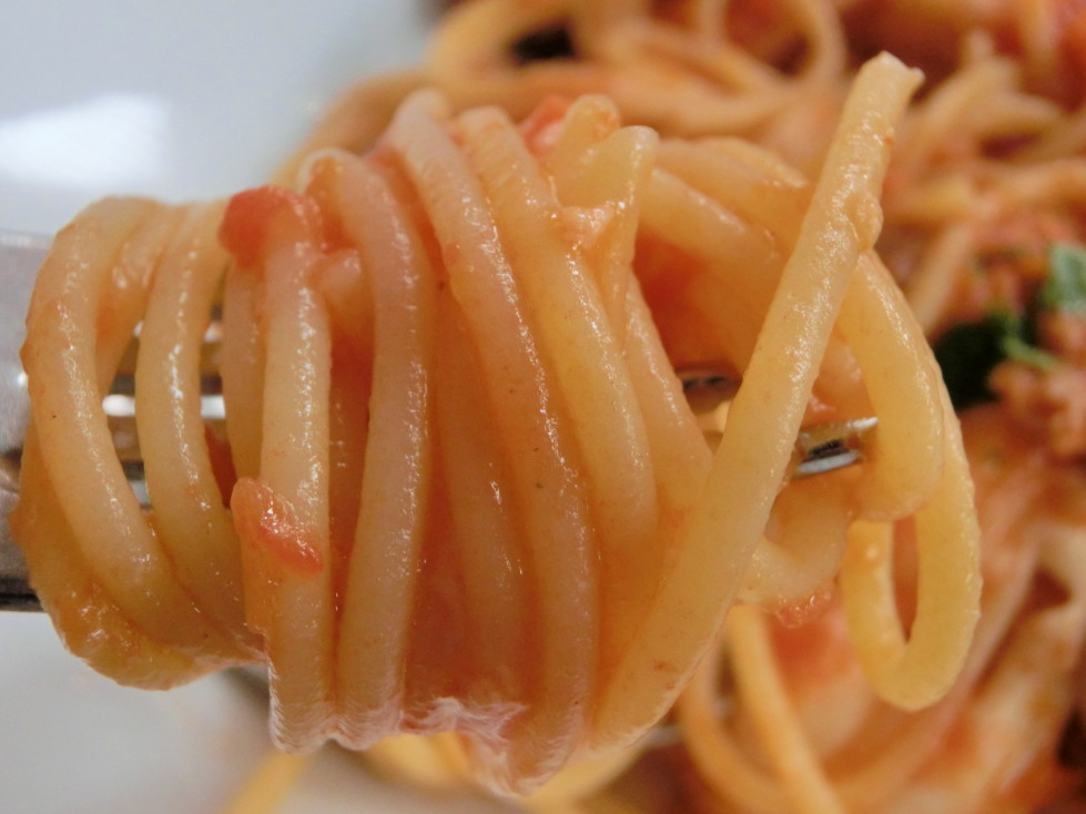 ＤＡＺＺＬＥ　茄子とサルシッチャ・ソーセージのスパゲッティーニ　モッツァレラとトマトソース　麺アップ.jpg