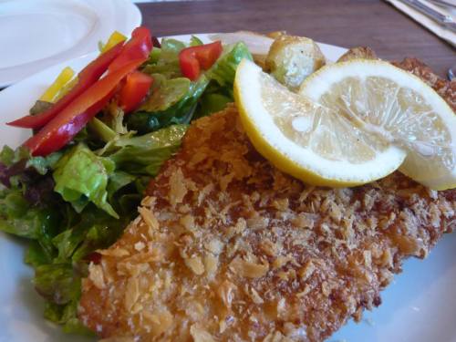 ドイツのトンカツ料理。<br />
あつあつです。