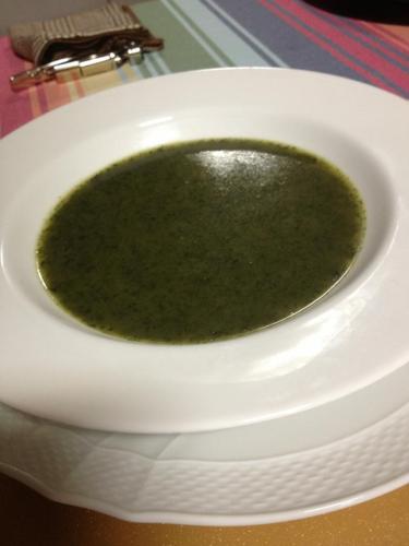 モロヘイヤのスープ。<br />
ガラムマサラが効いて美味しい。<br />
シナモンも少し入れたそう。