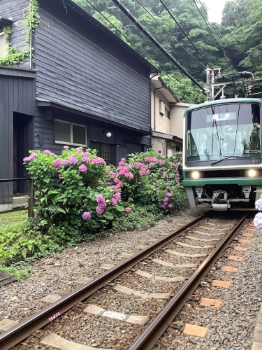 御霊神社の紫陽花と江ノ電.jpg