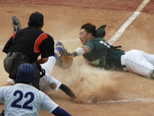 ６回、駒大の攻撃。角田の安打で工藤がホームを狙うも間一髪アウト.JPG