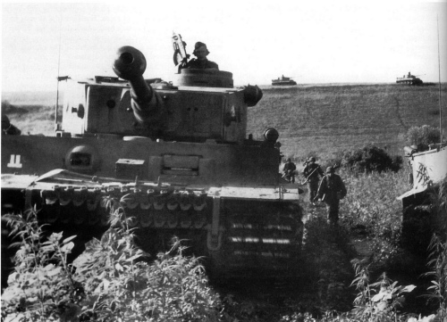 Tiger of Das Reich move through the Russian steppes accompanied by SS-Panzergrenadiers.jpg