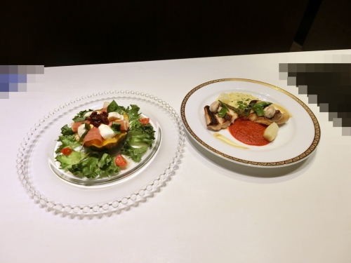 東京會館　イサキのバロンブレーゼ＆南瓜とクリームチーズのサラダ.JPG