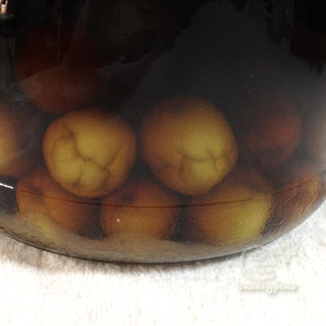 130814 黒糖梅酒 漬け始めて約２ヶ月半 瓶底の状態 黒糖がまだ溜まってる‥