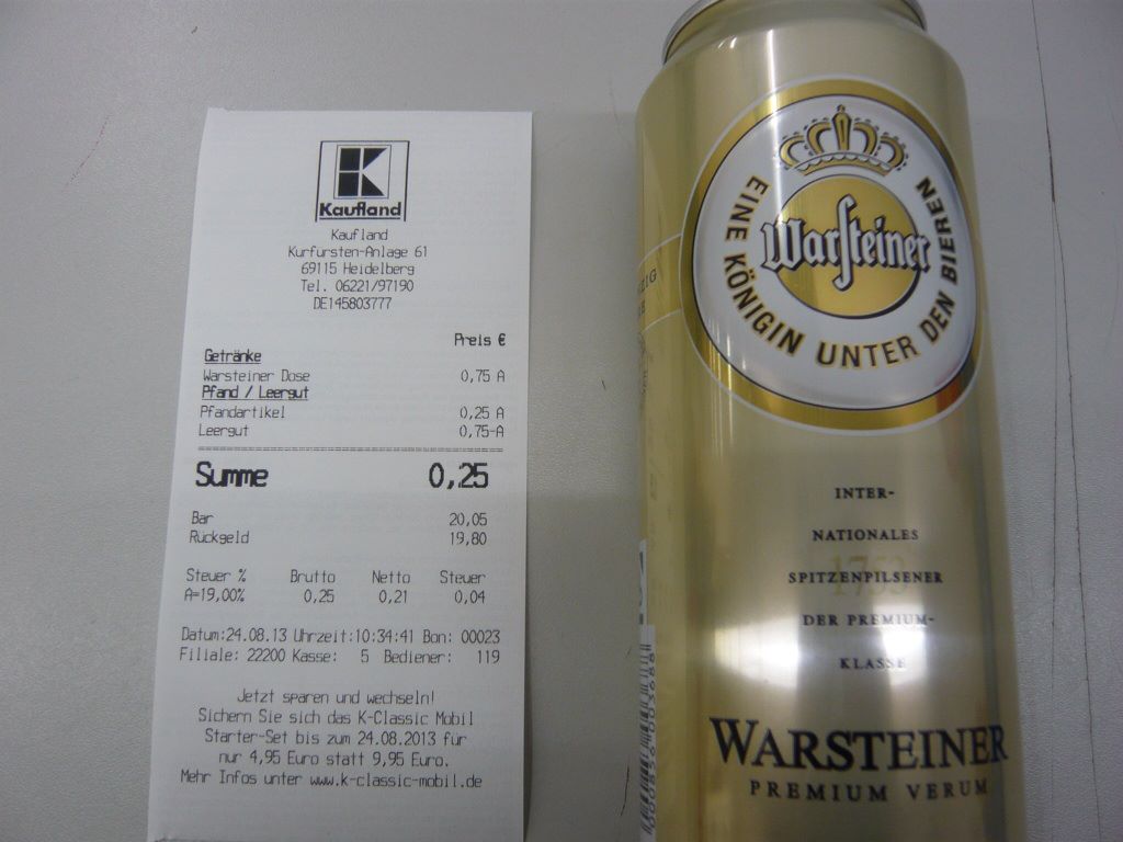 空き缶1つの保証金が0.25ユーロ。<br />3つで0.75ユーロ。<br />同じ値段の缶ビールをスパーで購入。<br />支払ったお金は保証金の0.25ユーロのみ。