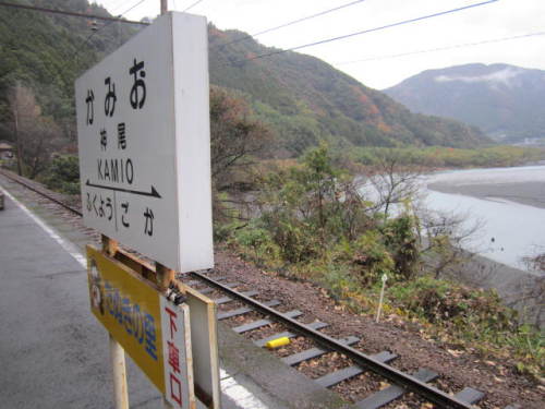 駅名標と大井川